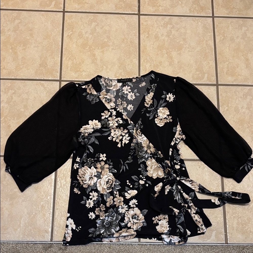 Floral Wrap Top - Black and Cream